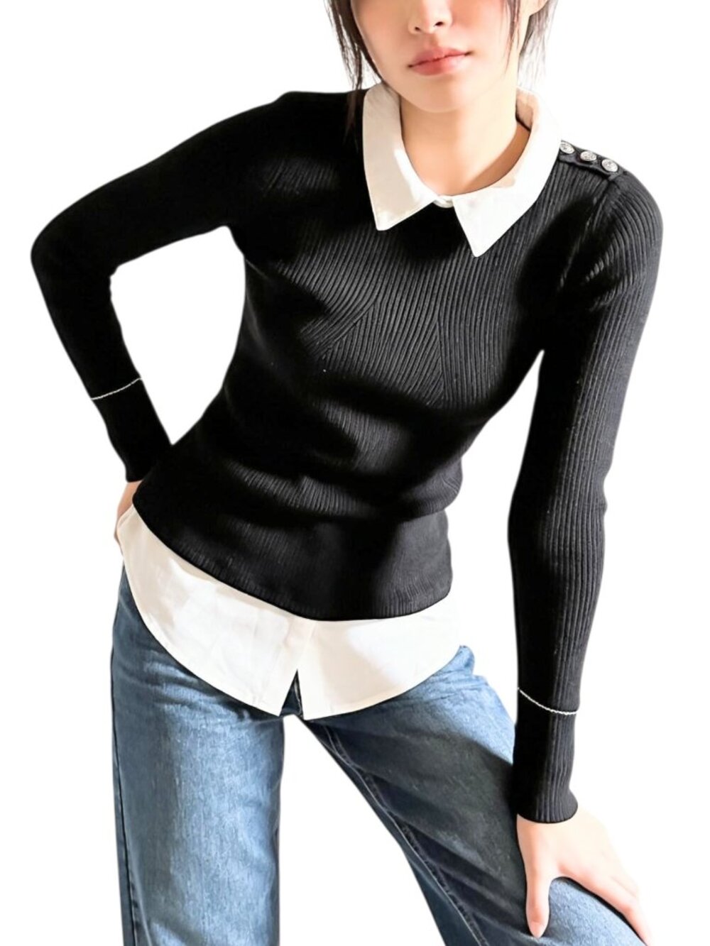 WHITE HOUSE BLACK MARKET WHBM Sweater Ribbed Attached Collar Shirt XS